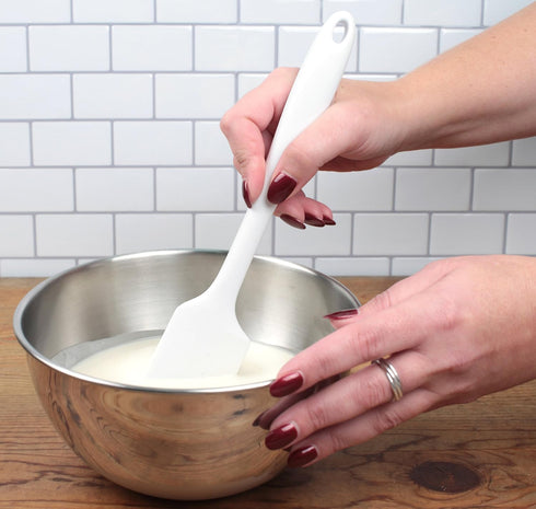RSVP International Ela Series Heat Resistant Cooking & Baking Strong Silicone Wrapped Steel Rubber Scraper, Spatula, 11x2, White...
