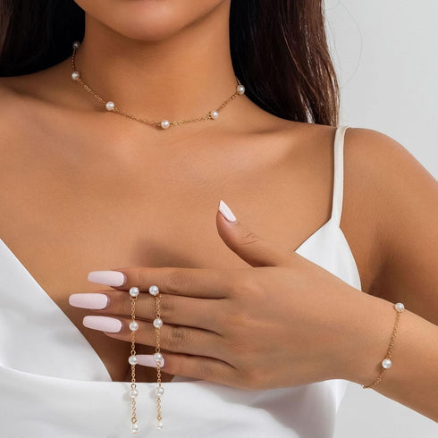 Pearl Wedding Bridal Set Bridal Pearl Choker Necklace Earring Bracelet Set Long Pearl Earrings Faux Pearl Jewelry Set for Women and Bridal...