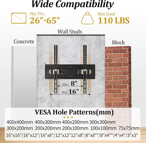 Full Motion TV Mount with Height Adjustment, TV Wall Mount Most 26-65 Inch Flat and Curved TV, Wall Mount TV Bracket Swivel Tilt Extension Levelin...