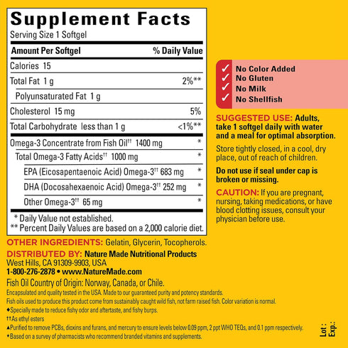 Nature Made Burp Less Ultra Omega 3 Fish Oil Supplements 1400 mg, Omega 3 Supplement for Healthy Heart, Brain and Eyes Support, One Per Day, 90 So...