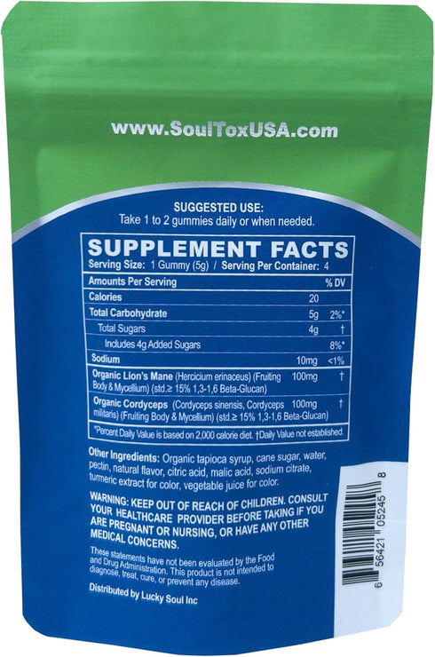 Soultox Focus Lion's Mane Gummies - Citrus Flavor - Vegan Formulation with Organic Lions Mane and Cordyceps - Enhance Memory, Focus and Energy - C...