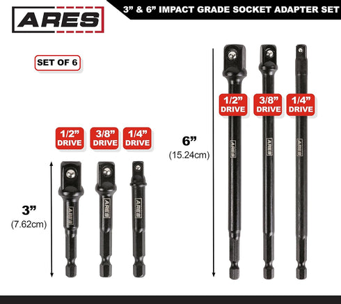 ARES 70382-6-Piece 3-Inch and 6-Inch Impact Grade Socket Adapter Set - Turns Impact Drill Driver into High Speed Socket Driver - 1/4-Inch, 3/8-Inc...