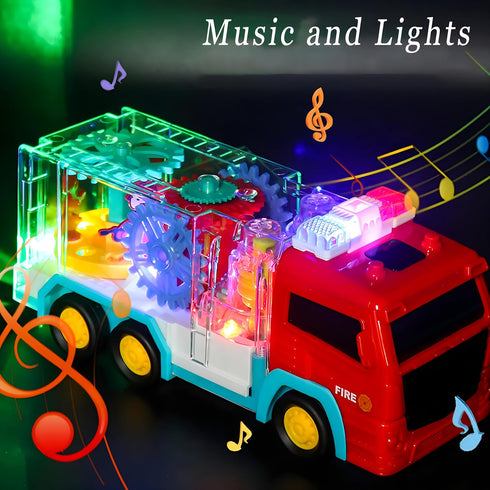 Light Up Sensory Car Toy for Kids,Transparent Gear Fire Truck Toy with Colorful Moving Gears Music and Lights Effects,Educational Tummy Time Toys ...
