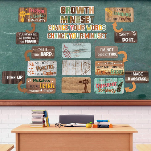30 Pcs Growth Mindset Bulletin Board Decor Farmhouse Classroom Posters Decorations Motivational School Wall Decor Set Educational Positive Wall Ba...