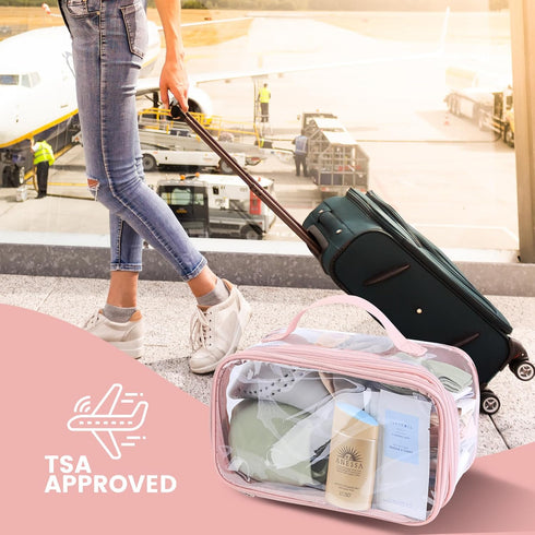 Large clear travel pouch,TSA approved toiletry reusable organizer with zipper proof purse makeup case carry On (Pink)...