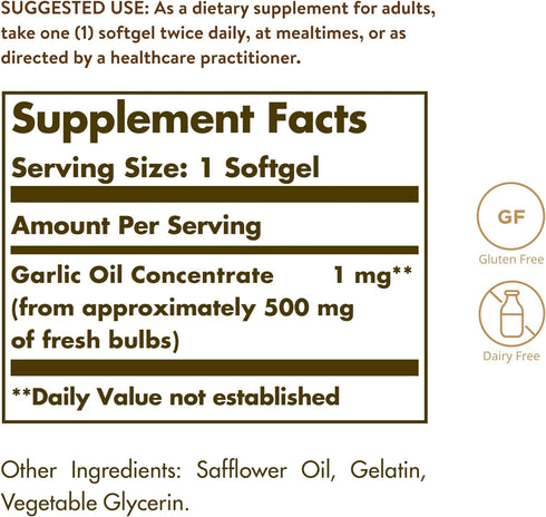 Solgar Garlic Oil Perles, 250 Softgels - Natural Cardiovascular Support - Garlic Oil Concentrate, Reduced Odor - Gluten Free, Dairy Free - 250 Ser...