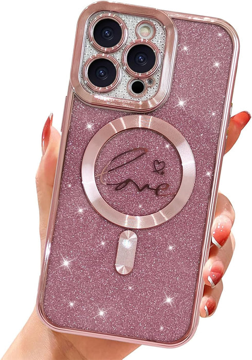 Phone Case for iPhone 15 Pro Magnetic Glitter Clear Case, Luxury Plating Love Heart Design, Full Camera Lens Protector TPU Protective Case for Wom...