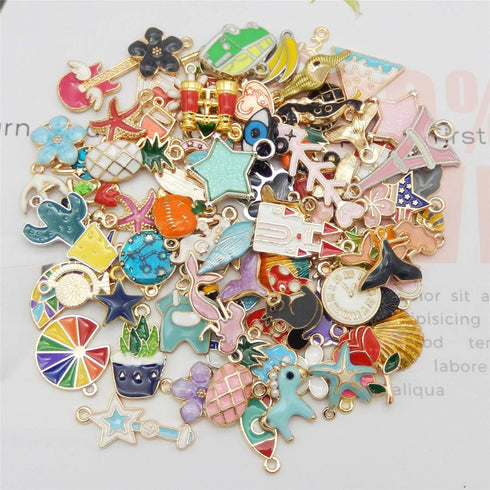 JJG 100Pcs(50PAIRS) Assorted Fruits Mermaid Animals Gold Plated Enamel Pendants Necklace Bracelet Charms for Earrings Jewelry Making...