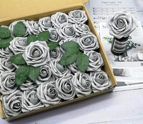 D-Seven Artificial Flowers 30PCS Real Looking Fake Roses with Stem for DIY Wedding Bouquets Centerpieces Party Baby Shower Home Decorations (Silve...