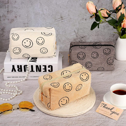 3 Pcs Corduroy Cosmetic Bag Smile Face Aesthetic Preppy Makeup Bag Corduroy Toiletry Aesthetic Pouch Travel Smile Bags for Women Purse Corduroy Ma...