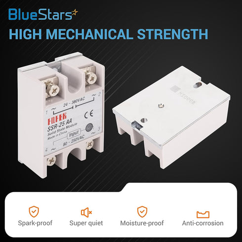 BlueStars Solid State Relay SSR-25AA AC to AC Input 80-250VAC to Output 24-380VAC 25A Single Phase Semi-Conductor Relay Module - Pack of 2 - Contr...