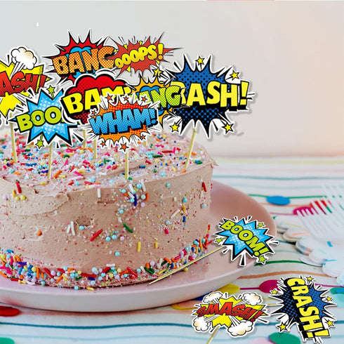 SuperHero Boom Cupcake Toppers 48 Pack Happy Birthday Cake Decor for kids Hero Theme Birthday Party Supplies Celebrating Party Events Baby Shower...
