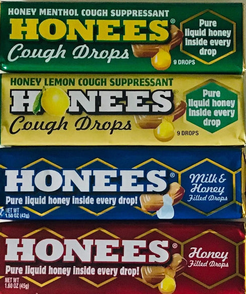 Honees Honey Filled Drops, Variety Pack (Honey, Milk & Honey, Honey Lemon, and Menthol)-Natural Sore Throat Relief - Throat Lozenges, Nothing Arti...
