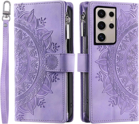 Phone Case for Samsung Galaxy S24 Ultra 5G Wallet Cover With Tempered Glass Screen Protector and Wrist Strap Mandala Flower Flip Zipper Card Holde...