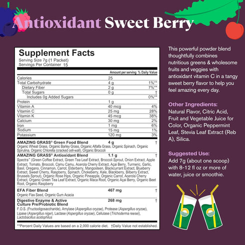 Amazing Grass Greens Blend Antioxidant: Super Greens Powder with Spirulina, Beet Root Powder, Elderberry, Prebiotics & Probiotics, Sweet Berry, 15...