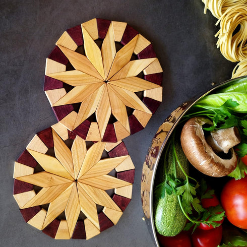 Natural Wood Trivets for Hot Dishes, Table and Kitchen Counter Set of 2 – Made in Ukraine Sturdy and Durable 7-inch Wooden Kitchen Hot Pads. Festi...