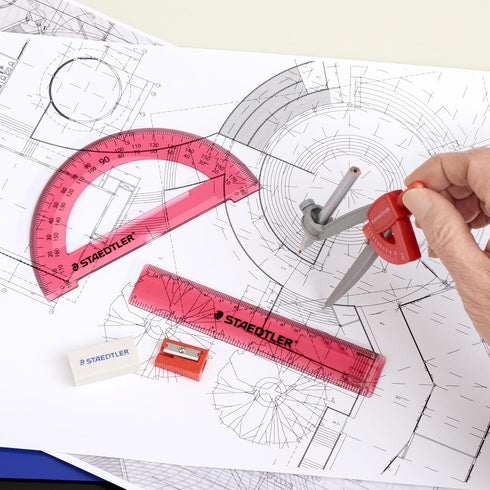STAEDTLER Student Math Set - Essential School Supplies with 6-Piece - Compass, 6in Ruler, 180° Protractor, Pencil, Eraser & Sharpener in Zippered ...