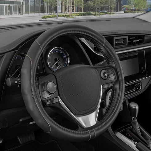 Motor Trend GripDrive Pro Synthetic Leather Auto Car Steering Wheel Cover Black w/ Beige Accent Stitching Comfort Grip - Small 13.5 to 14.5 inch -...