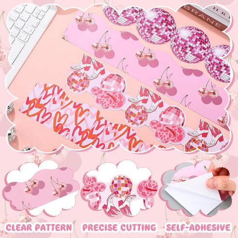80 Pcs 91.8 ft Pink Disco Classroom Bulletin Board Borders Cowboy Disco Bulletin Board Trim Self Adhesive Scalloped Borders Decorations Stickers f...