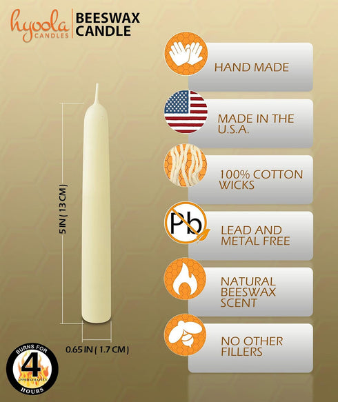 Hyoola 4" Beeswax Taper Candles 12 Pack - Handmade, All Natural, 100% Pure Unscented Bee Wax Candle - Tall, Decorative, White 4 Hour Burn Time...