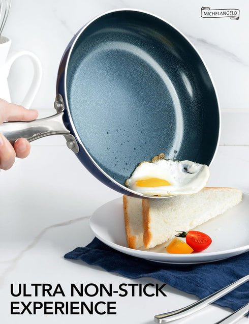 MICHELANGELO Small Frying Pan - 8 Inch Nonstick Frying Pan with Lid, Non-Toxic Omelette Pan with Stainless Handle, Nonstick Skillet, Blue-Ceramic...