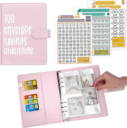 100 Envelopes Money Saving Challenge Binder, A5 Budget Binder with Cash Envelopes, Savings Challenges Book to Save $5,050, 10,000, 500, Budget Pla...