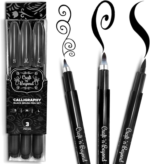 Craft 'n' Beyond Calligraphy Brush Pens Pack of 3 Small, Medium and Large Markers for Hand Lettering, Art Drawing, Sketching, Scrapbooking, Journa...