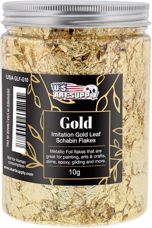 U.S. Art Supply Metallic Foil Schabin Gilding Gold Leaf Flakes - Imitation Gold in 10 Gram Bottle - Gild Picture Frames, Paintings, Furniture, Dec...