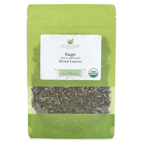 Biokoma Pure and Organic Sage Dried Leaves 50g (1.76oz) In Resealable Moisture Proof Pouch, USDA Certified Organic - Herbal Tea, No Additives, No ...