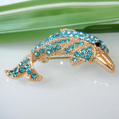 Navachi 18k Gold Plated Multi-Color Crystal Fish Porpoise Dolphin Brooch pin...