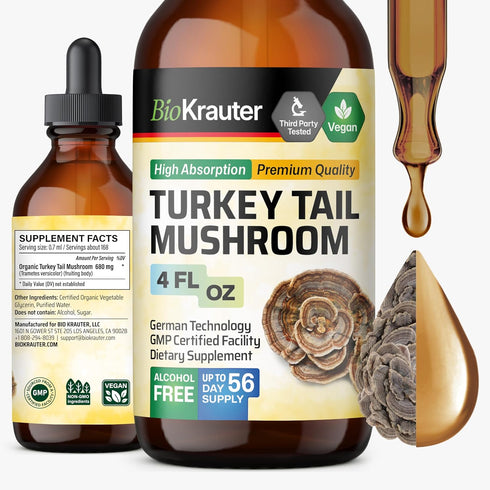 BIO KRAUTER Turkey Tail Mushroom Supplement - Turkey Tail Extract for Immune Support - Vegan, Alcohol & Sugar Free Drops 4 Fl.Oz....