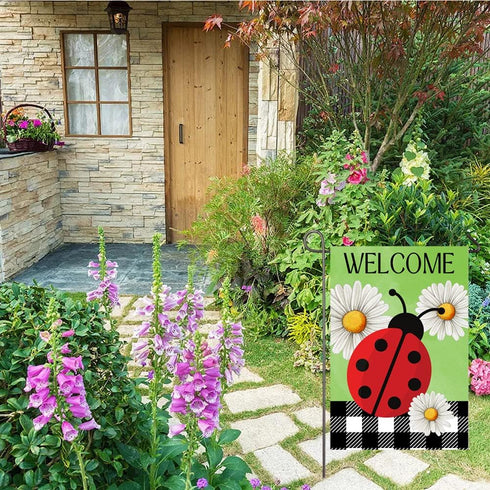 Ladybug Spring Summer Garden Flag 12x18 Inch Double Sided Ladybug Daisy Welcome Yard Flag Buffalo Plaid Check Burlap Banner Seasonal Farmhouse Dec...