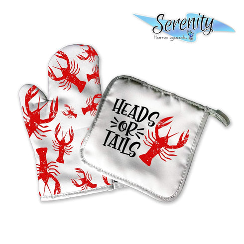 Crawfish Home Decor | Decorative Kitchen Hot Plate Pot Holder Oven Mitt Set | Heads Or Tails | Red White Southern Crawdads Crayfish Bayou Spring S...