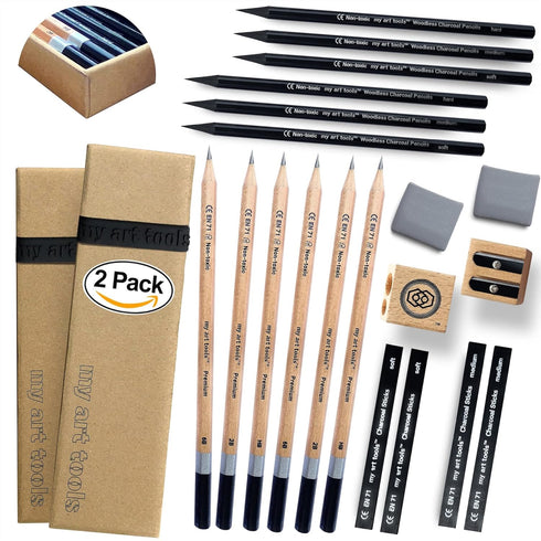 Sketch pencils for drawing and shading - 20pcs art sets with sketching pencils and erasers for all professional artists - dual pack charcoal and g...