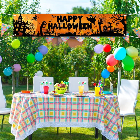 Avezano Happy Halloween Banner Large 98.4 x19.6 Inch Yard Sign Banner Black and Orange Halloween Party Decorations Welcome Hanging Flag Outdoor Fe...