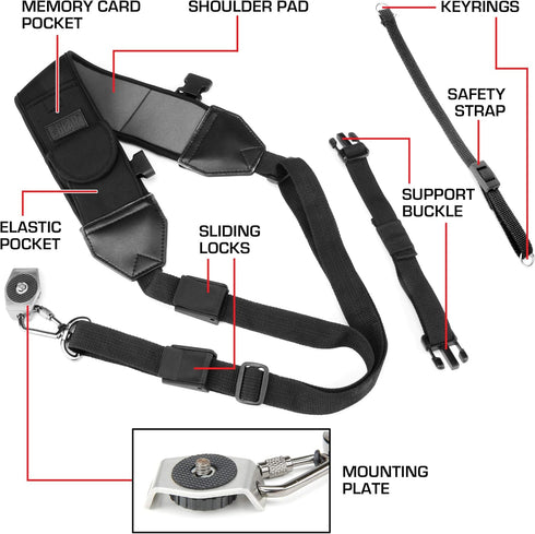 USA Gear Camera Sling Shoulder Strap with Adjustable Neoprene, Safety Tether, Accessory Pocket, Quick Release Buckle - Compatible with Canon, Niko...