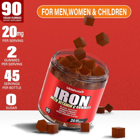 Sugar Free Iron Gummies for Women Men & Kids-Iron Supplement 20mg with Vitamin C for Iron Deficiency, No Rust Taste, Gentle Iron for Stomach, Mixe...