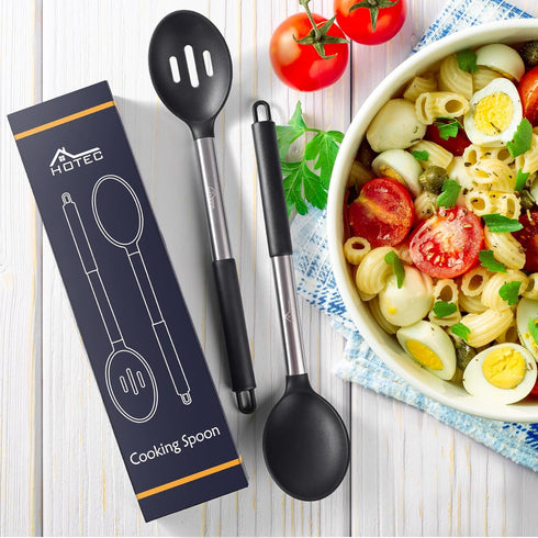 HOTEC Heat Resistant Large Silicone Cooking Spoon, Solid Slotted Spoons, Nonstick Kitchen Cookware Utensils, Mixing, Serving, Stiring Large Spoons...