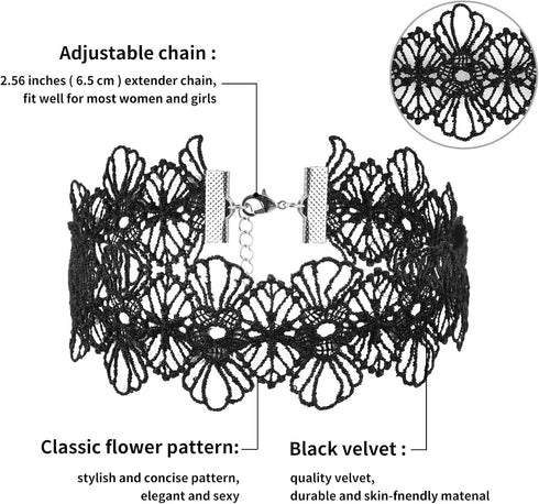 Yolev 6 Pieces Black Choker Necklace Set Black Choker Necklace Set Black Lace Tattoo Velvet Choker Gothic Necklace for Women,...