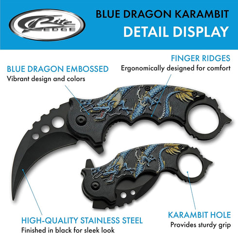 SZCO Supplies 300539-BL Dragon Liner Lock Curved Blade Folding Karambit Knife, Blue, 7" Length...