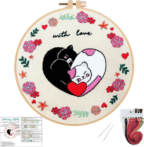 Louise Maelys Love Heart Cat Embroidery Kits for Beginners, DIY Cross Stitch Kits for Adults Starter Including Embroidery Cloth with Pattern, Hoop...