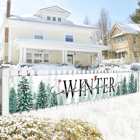 Winter Welcome Snowy Forest Large Outdoor Banner 120x20 Inch, Pine Tree Cardinal Red Bird Decorative Fence Yard Garden Sign Backdrop Home Decor, C...