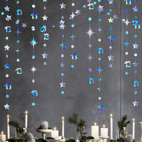 Iridescent 13th Birthday Decorations Number 13 Circle Dot Twinkle Star Garland Metallic Hanging Streamer Bunting Banner Backdrop Girls 13 Year Old...