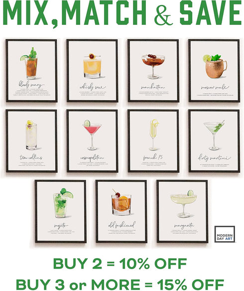 Old Fashioned Cocktail Wall Art - MIX & MATCH Bar Cart Decor - Illustrated Alcohol Posters with Cocktail Recipes - Bar Wall Art Cocktail Posters -...