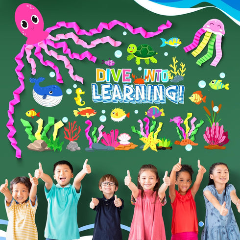 51 Pcs Ocean Bulletin Board Under The Sea Classroom Decorations DIY Sea Animals Octopus Fish Cutouts Dive into Learning Decor for Back to School S...