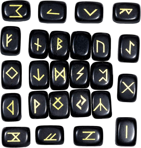 TUMBEELLUWA Energy Black Obsidian Rune Stones Set with Engraved Elder Futhark Alphabet Lettering Energy Crystal Stone Kit for Divination, Wicca, M...