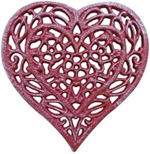 Rustic Red Whitewashed Cast Iron Heart Shaped Trivet 7" - Decorative Trivet -...