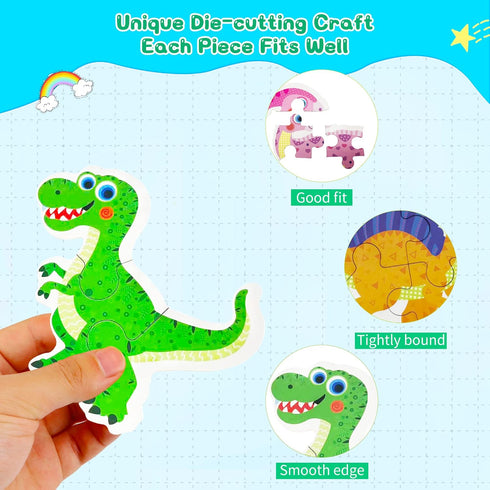 FLYINGSEEDS 6 Packs Dinosaur Wooden Shaped Jigsaw Puzzles for Toddlers Ages 1 2 3, Level-up Puzzles for Beginner, Montessori Learning Toys Prescho...