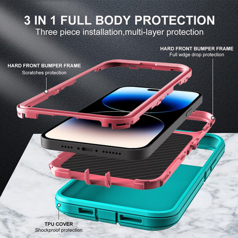 for iphone 14 Pro Max Case, Military Grade 3 in 1 Heavy Duty Shockproof/Drop Proof/Dust Proof Case with 2Pcs Tempered Glass Screen Protector (Aqua...