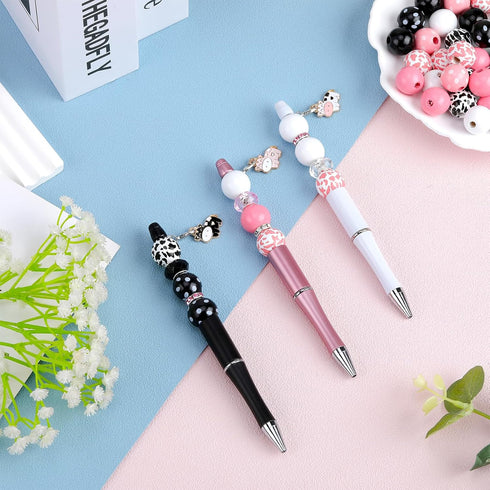 18 Pieces Beadable Pen Diy Cow Series Ballpoint Pen Set In Black Ink, With 110 Various Beads, 18 Pcs Lobster Clasps, 18 Cow Pendants, Diy Gifts Cr...
